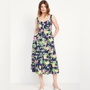 Old Navy linen blend Floral Navy Dress with Pockets! Midi dress
